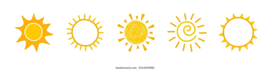 Cartoon style sun icons. Collection of summer elements. Vector illustration