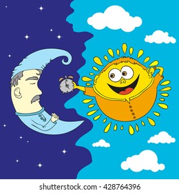 Cartoon style sun and moon - hand drawn style isolated vector illustration. 