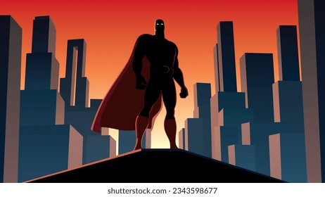 Cartoon style superhero standing on the edge of a roof, looking down during sunset.