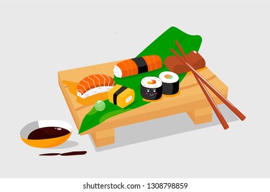 Cartoon style with sushi roll, wasabi and rice. vector illustration