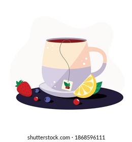 Tambre de té estilo caricatura con bolso de té. Té de limón con bayas. Mugre colorida aislada, bebida caliente aromática. Elemento para el diseño