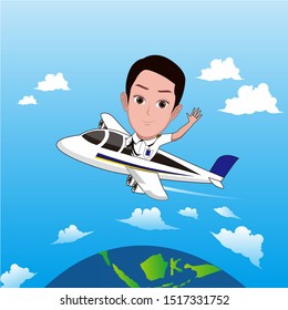 cartoon style cartoon template. illustration of a man wearing a pilot's shirt riding on a plane while waving his hand. The round earth below looks small. Vector cartoon with a plain background.