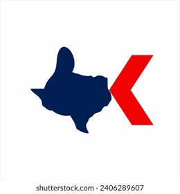 Estilo de caricatura Diseño de ilustraciones de vector de mapas de Texas con signo de flecha atrás.