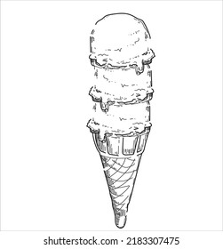 cartoon style three scoops ice cream sweet summer food waffle cone isolated black and white drawing on white background