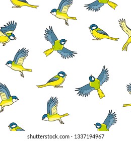 Cartoon style titmouse spring birds colorful seamless pattern