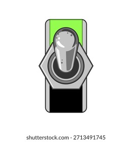 Interruptor de palanca de estilo de dibujos animados con una palanca gris hacia arriba y un indicador verde brillante que muestra el Estado inactivo, aislado en blanco para ui, control, potencia y conceptos industriales