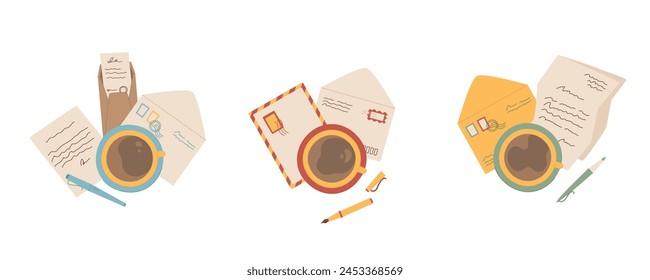 Cartoon style top view craft letter composition, flat handwritten mail at the table with coffee and pen template, creative greeting postcard design collection, trendy handmade post card illustration,