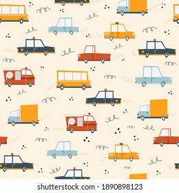 Cartoon style transportation seamless pattern for kids. Hand drawn geometric cars, truck, police, fire truck, taxi. Perfect for kids, nursery fabrics, textile, background. 