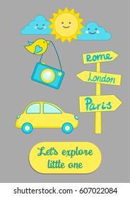 Cartoon style travel poster for nursery with inspirational quote in blue, yellow and grey colors. Nursery art. Inspirational quotes Let's explore little one.