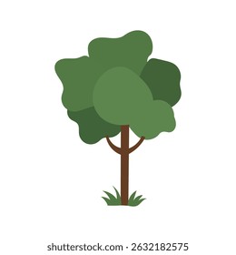 Árvore estilo desenho animado com folhas verdes e tronco marrom, fundo branco.
