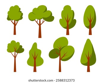 Cartoon Style Tree Illustration Set. A collection of cartoon-style tree illustrations with vibrant green foliage and simple, playful designs. Perfect for game assets, and nature-themed