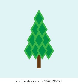 Cartoon style tree logo icon. Green spruce Isolated on blue background. Simple shape fir ornament symbol. Vector illustration image.