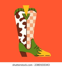 Cartoon style trendy cowboy boot with checked and abstract patterns.
Groovy American western footwear. Vector funky illustration.