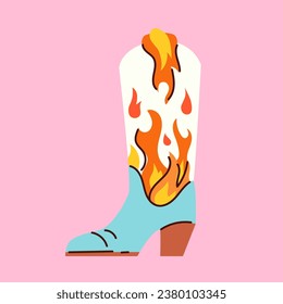 Estilo de caricatura bota de vaquero de moda con llamas de fuego.
Calzado occidental todoterreno. Ilustración divertida del vector.