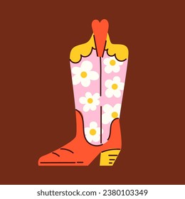 Cartoon style trendy cowboy boot with cute daisies.
Groovy American western footwear. Vector funky illustration.