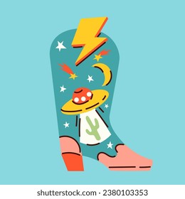 Cartoon style trendy cowboy boot with a UFO stealing cactus from desert.
Groovy American western footwear. Vector funky illustration.