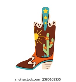 Cartoon style trendy cowboy boot with cactus and sun.
Groovy American western footwear. Vector funky illustration.