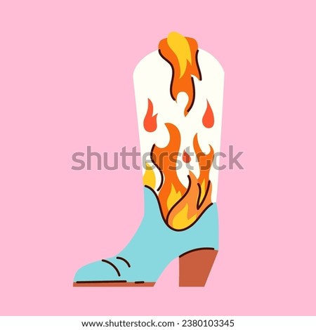 Cartoon style trendy cowboy boot with a fire flames.
Groovy American western footwear. Vector funky illustration.