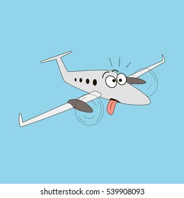 Cartoon style turboprop airplane on a sky background. Dazed and amazed two engine aircraft with rolling eyes and protruding tongue. Chocking, exhausted, mad, crazy, tired. Vector illustration