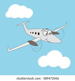 Cartoon style turboprop smiling airplane on a sky background. Happy two engine aircraft with big eyes. Sky, wings, fluffy clouds, windows, eyebrow, flight, trip, peaceful. Vector illustration