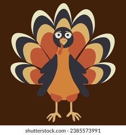 Cartoon style Turkey on dark background. Vector Flat graphic for Thanksgiving day decoration. Design element for Postcard, Greeting card. American Tradition, Farm Domestic bird.