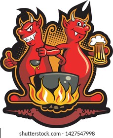 Caricatura estilo dos demonios graciosos, cerveza de coser, ilustración vectorial.