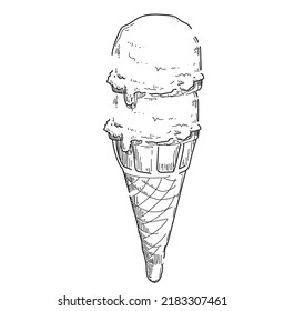 estilo de caricatura dos cucharas helado de verano dulce waffle cone aislado dibujo negro y blanco sobre fondo blanco