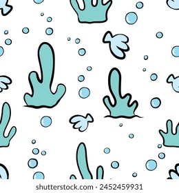 Cartoon style undersea seamless pattern. Hand drawn bubbles, sea shells and moss Texture designs for Textile Wallpaper prints, T-shirts, wrappers, fabric textiles, websites. Natural texture of sea.