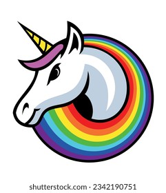 Cartoon style unicorn character with the rainbow mane. Unicorn logo design concept. Isolated on white background.