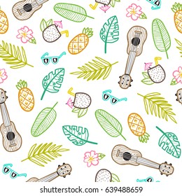 Cartoon style vacation objects. Vector hand drawn seamless pattern.