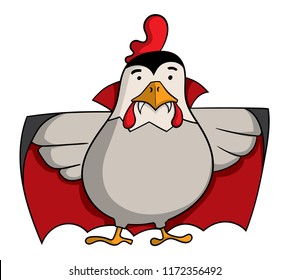 Cartoon style vampire chicken with fangs and cape