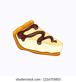 Cartoon style vanilla cheesecake with chocolate topping vector icon isolated on the white background