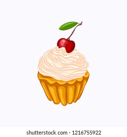 Cartoon style vanilla cupcake with whipped cream and cherry vector icon isolated on the white background