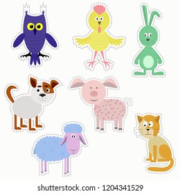 Cartoon style vector animals sheep, pig, cat, dog, owl, rabbit, chicken.  Isolated on white, for stickers, badges, embroidery, temporary tattoos