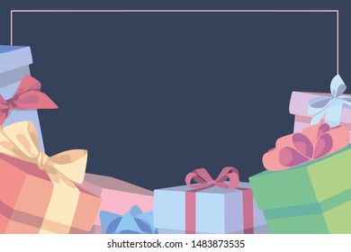 Cartoon style vector background with colorful gift boxes with ribbons and copy space for text
