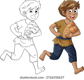 Cartoon style vector of barefoot boy in ragged clothes running with bread, colored and outline