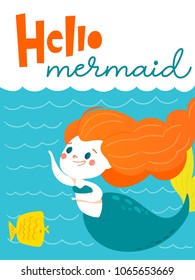 Cartoon style vector card with beautiful mermaid girl and sea fish 