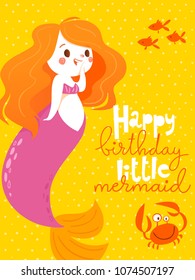 Cartoon style vector card with cute little mermaid girl and sea fish. Summer poster.  Happy birthday card.