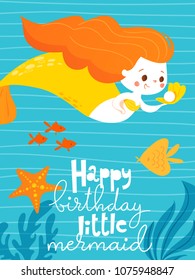 Cartoon style vector card with cute little mermaid girl and deep blue ocean. Summer poster. Happy birthday card. 