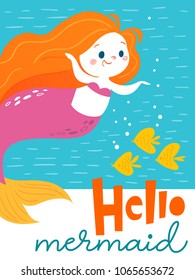 Cartoon style vector card with funny mermaid girl and sea fish 