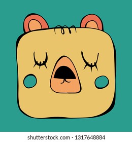 Cartoon style vector character of cute yellow bear with closed eyes. Illustration for t-shirt print, card or poster. Isolated portrait on blue background