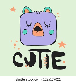 Cartoon style vector character of cute sleeping violet bear with closed eyes and orange elements. Illustration for t-shirt print, card or poster. Isolated portrait lettering Cutie on blue background