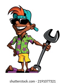 Cartoon style vector character, cartoon style man, plumber, mechanic in sunglasses and hawaiian shirt, holding a wrench in his hand. Isolated on white background.