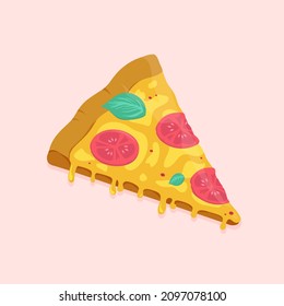 Cartoon style vector cheesy pizza slice. Delicious vegetarian street food with tomato, mozzarella, basil, spicy sauce. Colorful illustration logo, poster, icon, banner for café, restaurant, pizzeria,