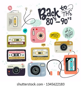 Cartoon style vector cliparts. Set of old school cassette tapes, players and photo camera. Great design element for sticker, patch or poster. Unique and fun nostalgic 80's-90's drawing and inscription