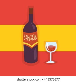 Cartoon style vector color illustration of sangria(spanish wine) bottle and wine glass on national Spanish flag background in traditional colors