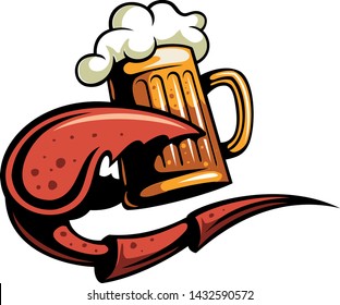 Cartoon style vector crab claw with the beer mug, isolated on white background.