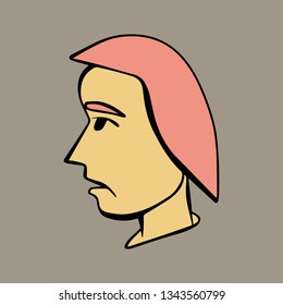 Cartoon style vector doodle illustration of beige human face profile silhoutte with pink hair. Great design elements for sticker, card, print or poster. Unique drawing isolated on grey background