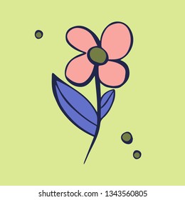 Cartoon style vector doodle illustration of pink, purple flower. Great design elements for sticker, card, print, poster. Unique and fun drawing isolated on green background. Botany simple art