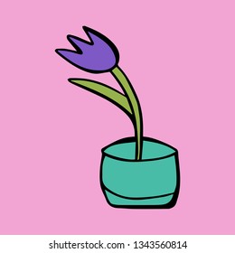 Cartoon style vector doodle illustration of purple house plant. Great design elements for sticker, card, print or poster. Unique and fun drawing isolated on pink  background